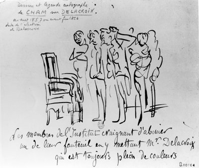 Renuencia de los miembros del Instituto de Francia a instalar a Delacroix en una de sus sillas por temor a que su amor por los colores manche el asiento, 1856-7 de Cham